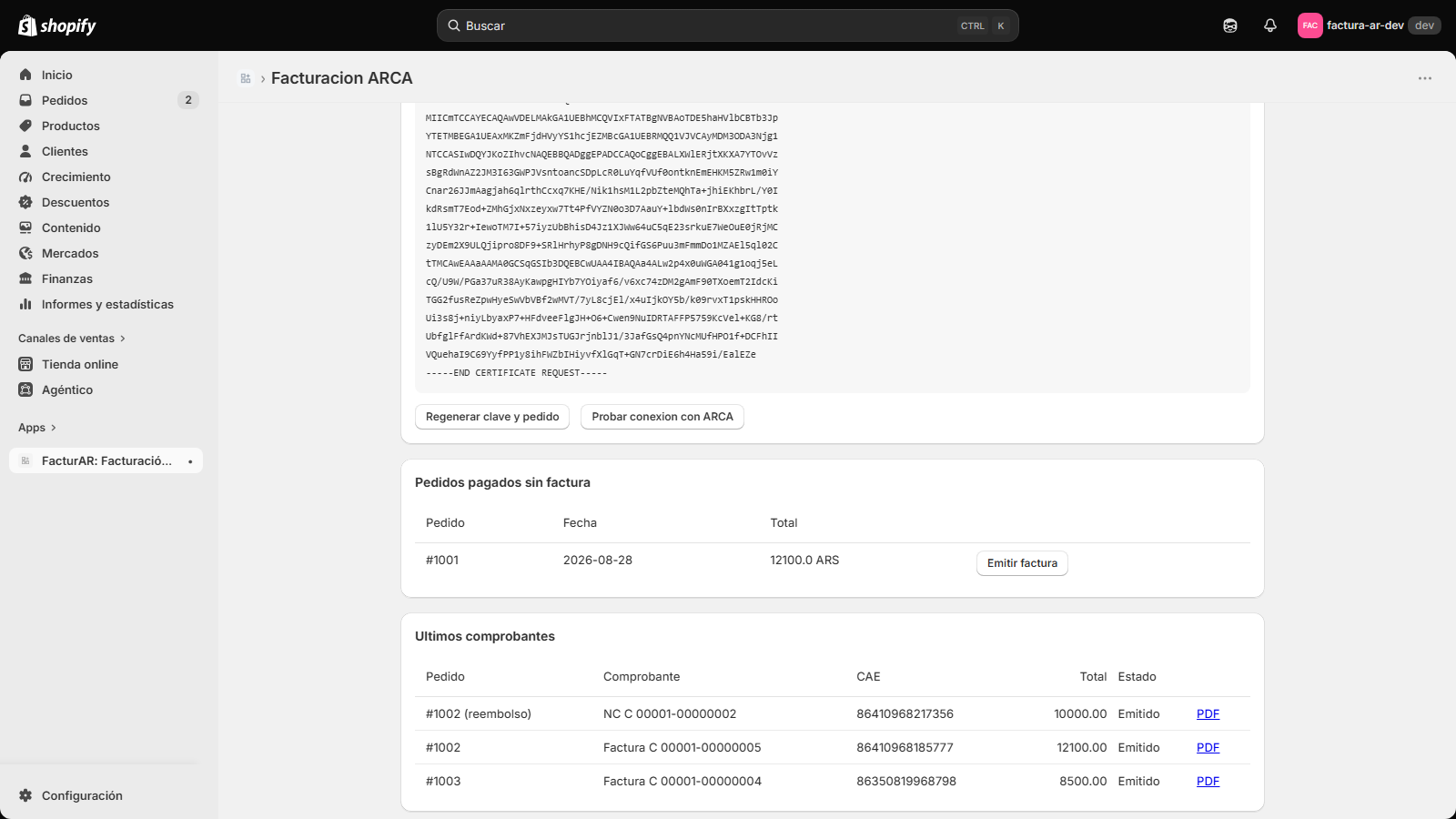 FacturAR dentro del admin de Shopify: pedidos pagados sin factura y últimos comprobantes con su CAE y el link al PDF